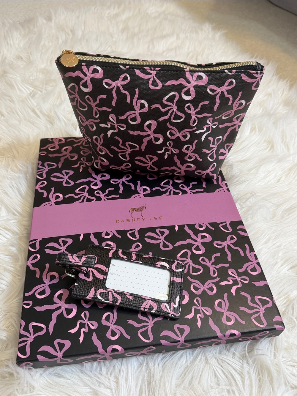 NEW, Dabney Lee Pink Bow Print Makeup Pouch & Luggage Tag Set